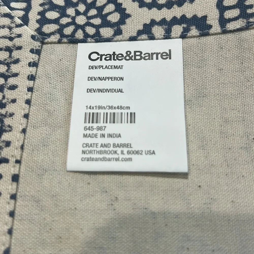 Crate and Barrel Blue and White Patterned Set of Four Placemats